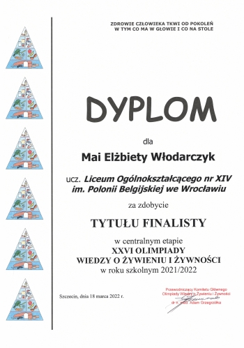 XIV LO - dyplom Maja Włodarczyk Olimpiada o Zywieniu i Żywności 2022