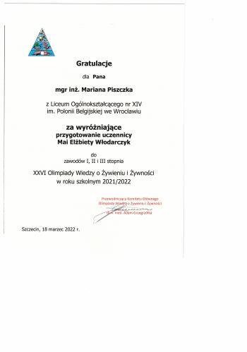 XIV LO - dyplom Marian Piszczek Olimpiada o Żywieniu i Żywności 2022