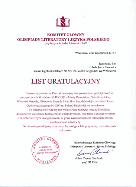 List gratulacyjny dla koordynatora OLiJP - prof. dr. hab. Jerzego Biniewicza