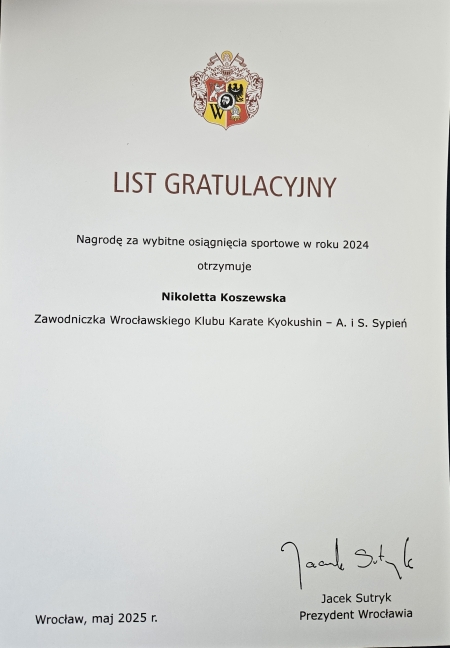 Stypendium sportowe dla uczennicy klasy 1B1 Nikoletty Koszewskiej